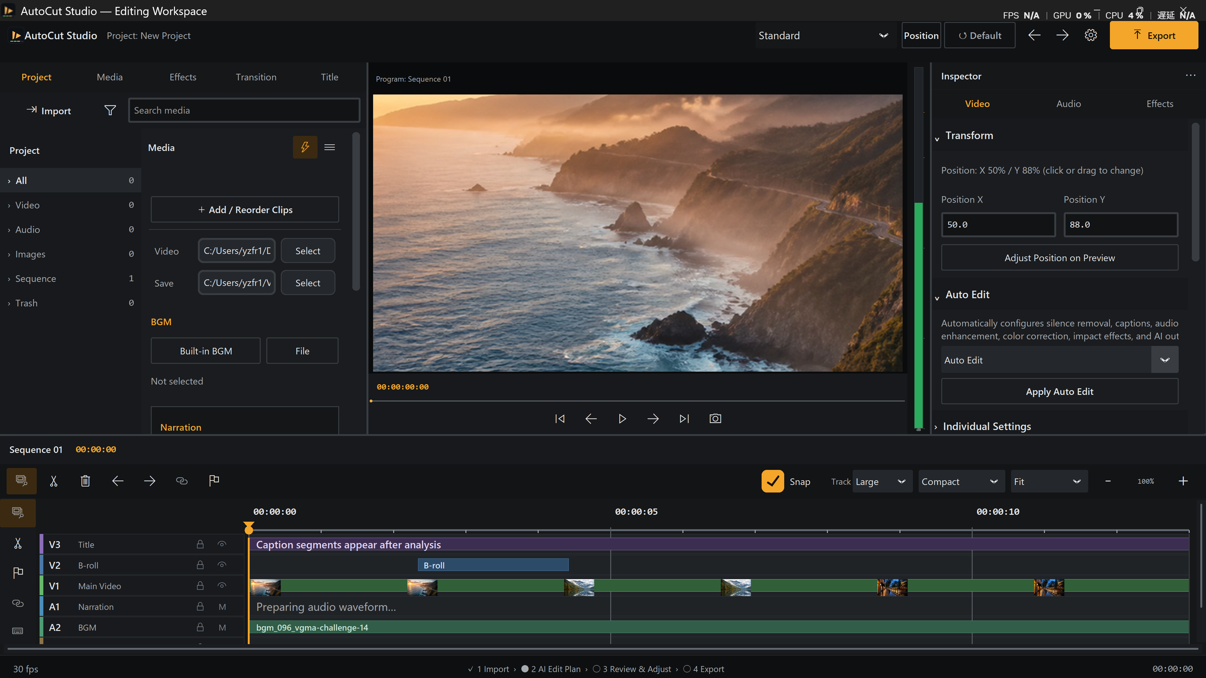 AutoCut Studio Standard workspace editing coastal footage