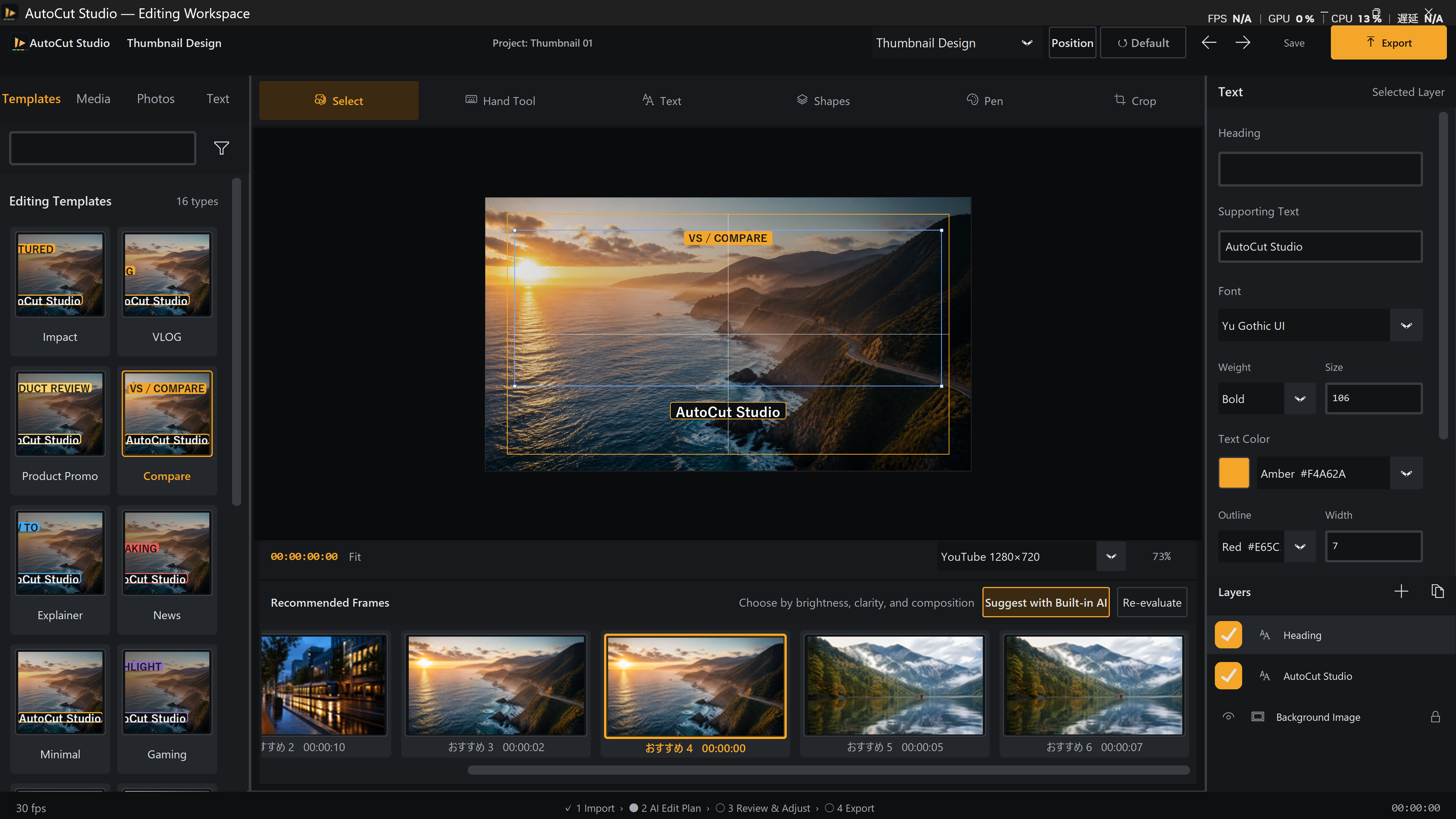 AutoCut Studio Thumbnail Design workspace using coastal footage