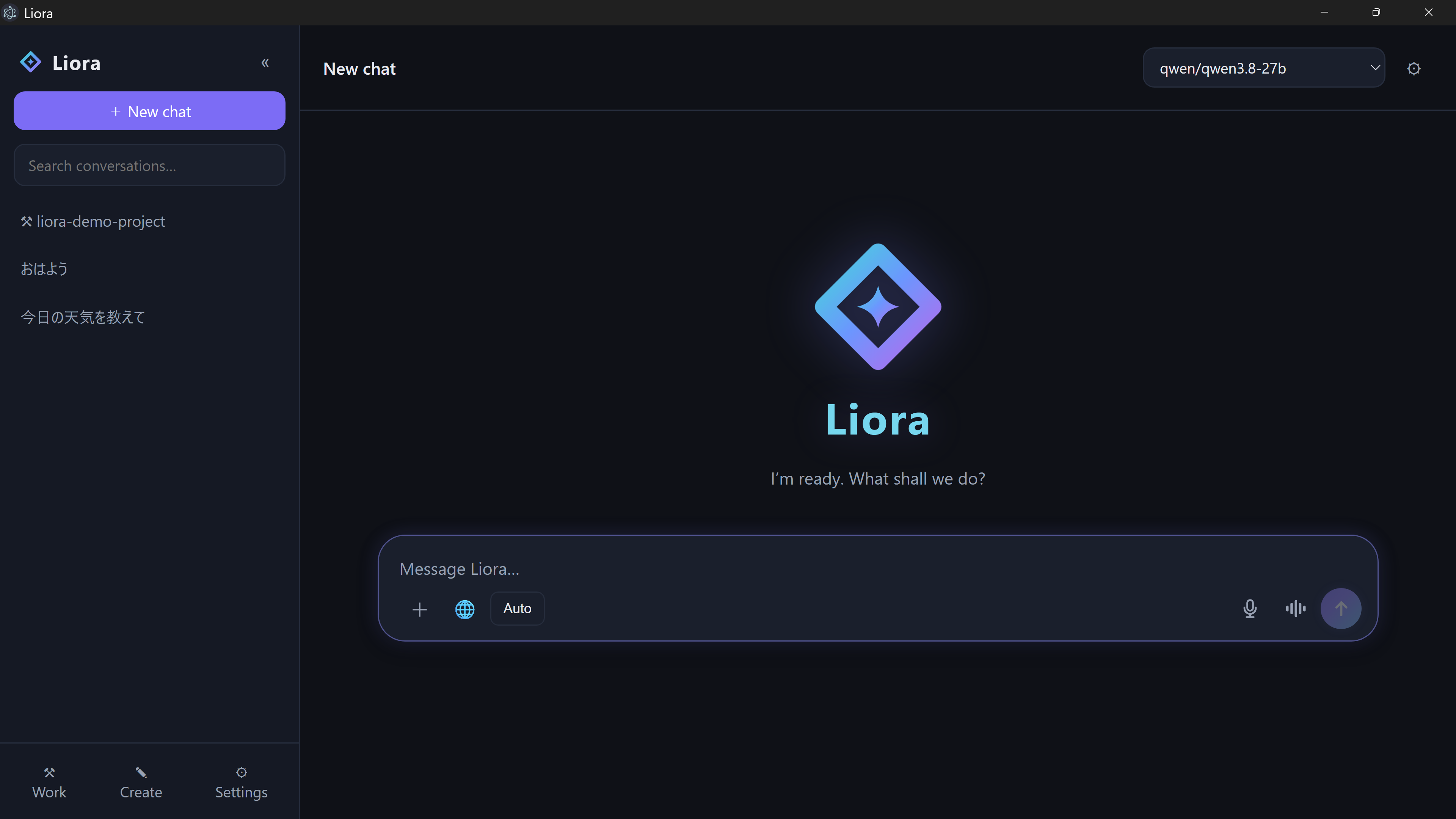 Liora dark-mode chat with conversation history and local AI selection
