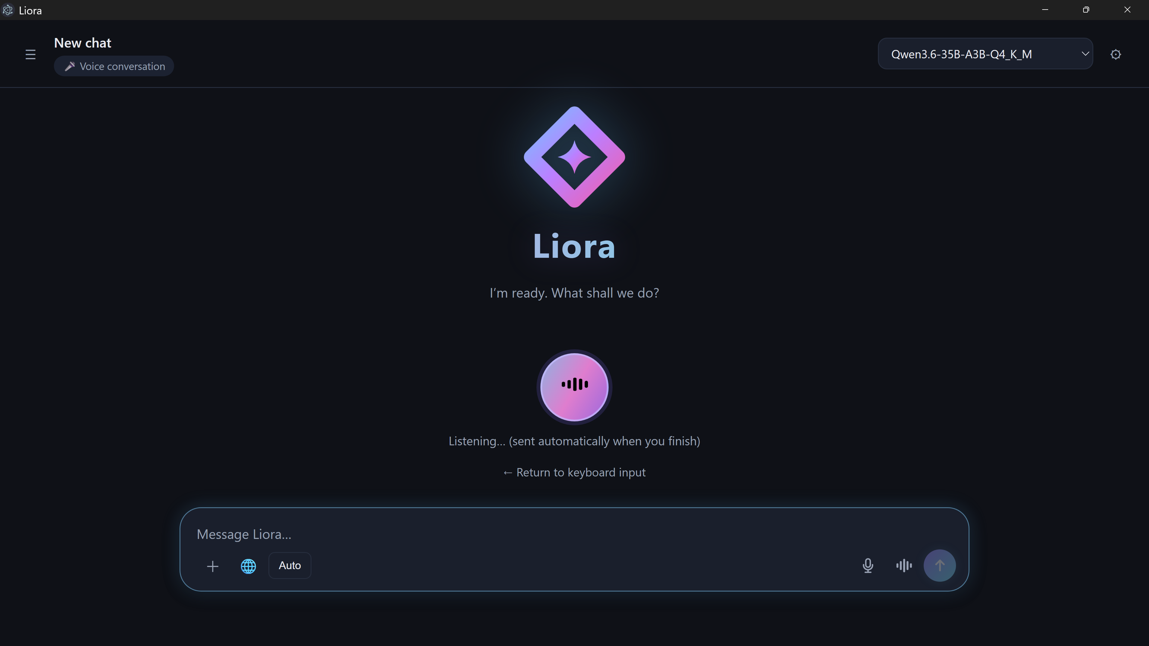Liora listening during a voice conversation in dark mode