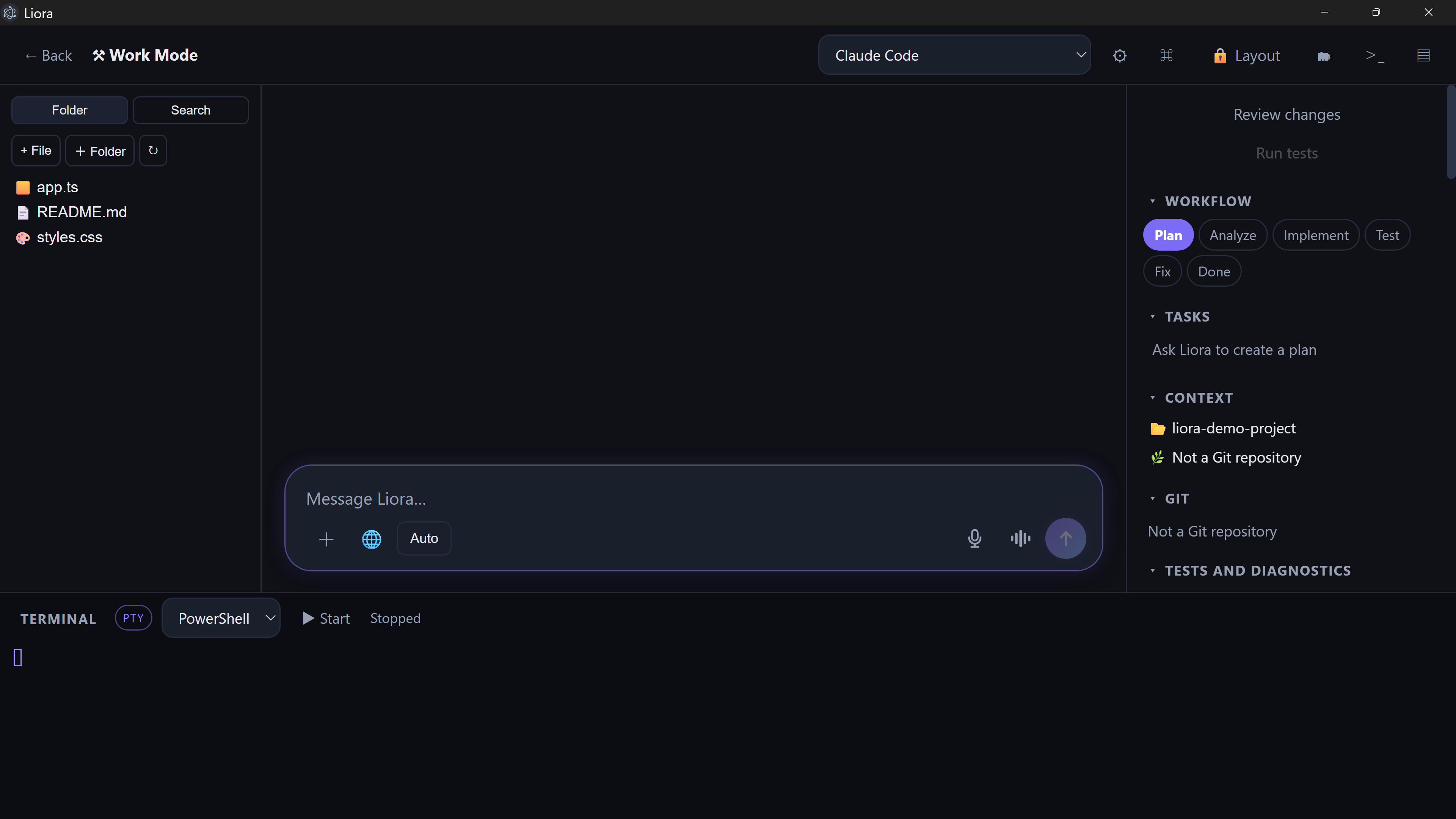 Liora Work Mode showing Claude Code and the development workflow